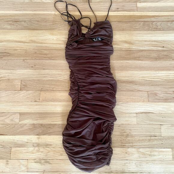 NWT LEAU Seoul Strap Cut-out Mesh Bodycon Dress Strappy Ruched Brown Sz XS Sexy - Picture 2 of 12